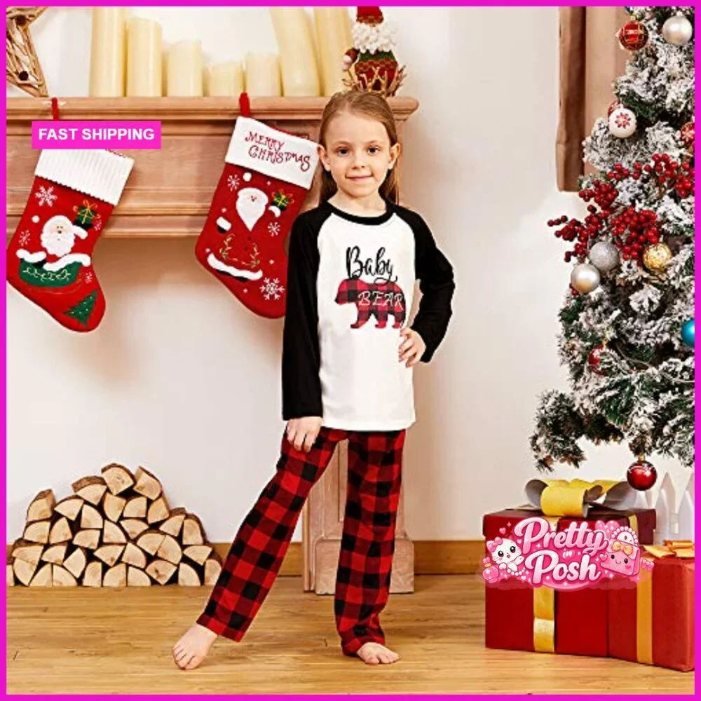 Matching Christmas Pajamas Set Letter Print Top Plaid Pants Pockets